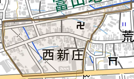 西新庄とその周辺の地図。町の範囲を重ねている