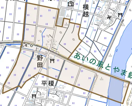 野田とその周辺の地図。町の範囲を重ねている