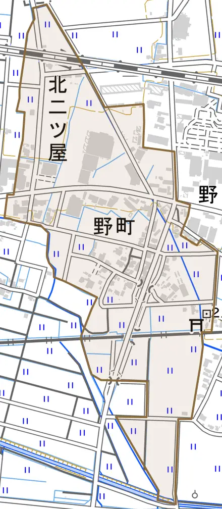 野町とその周辺の地図。町の範囲を重ねている