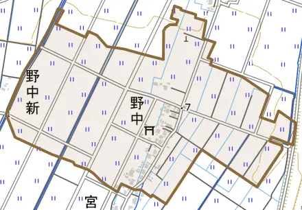野中とその周辺の地図。町の範囲を重ねている