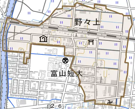野々上とその周辺の地図。町の範囲を重ねている