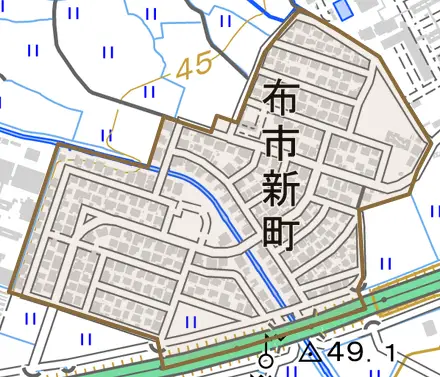 布市新町とその周辺の地図。町の範囲を重ねている