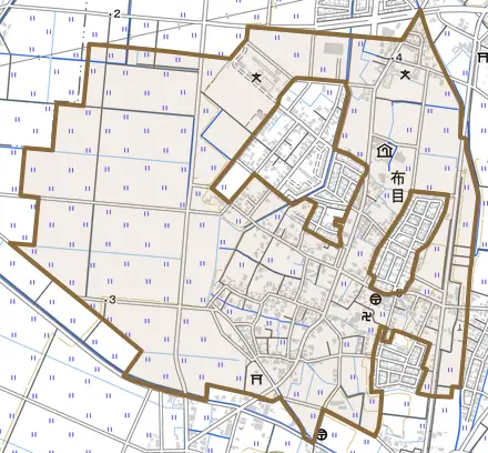 布目とその周辺の地図。町の範囲を重ねている