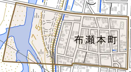 布瀬本町とその周辺の地図。町の範囲を重ねている