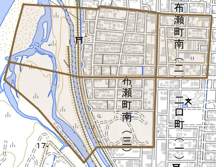布瀬町南とその周辺の地図。町の範囲を重ねている
