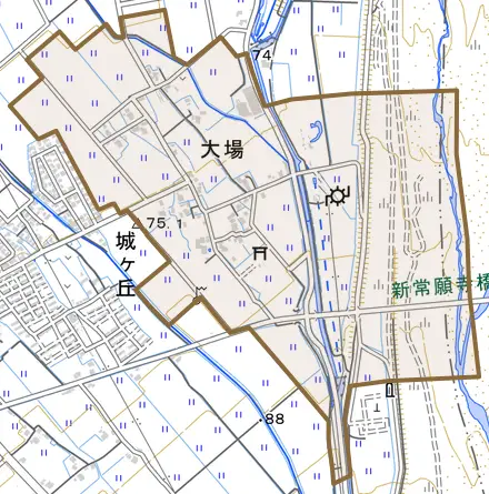 大場とその周辺の地図。町の範囲を重ねている