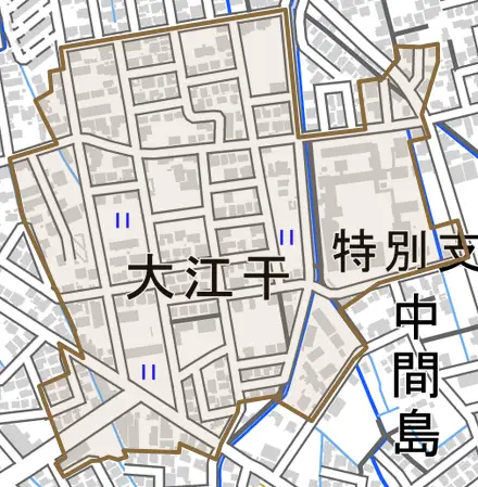 大江干とその周辺の地図。町の範囲を重ねている