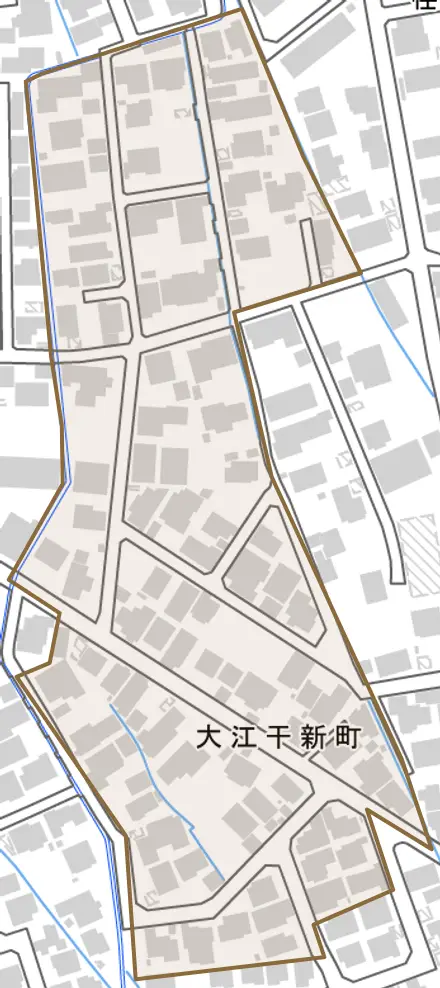 大江干新町とその周辺の地図。町の範囲を重ねている