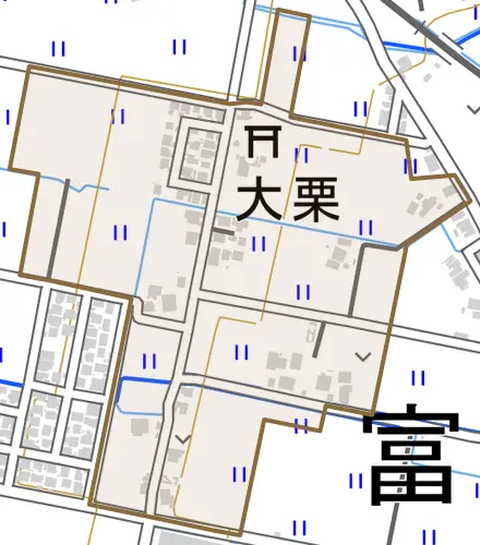 大栗とその周辺の地図。町の範囲を重ねている