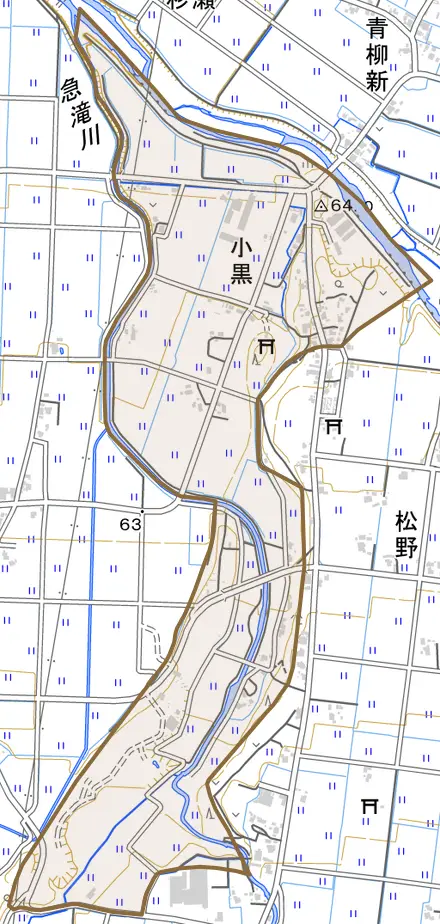小黒とその周辺の地図。町の範囲を重ねている