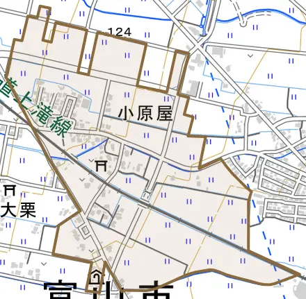 小原屋とその周辺の地図。町の範囲を重ねている