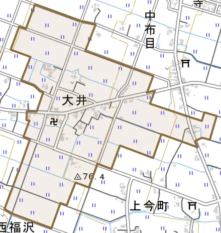 大井とその周辺の地図。町の範囲を重ねている
