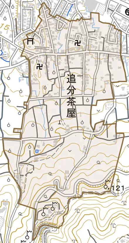 追分茶屋とその周辺の地図。町の範囲を重ねている