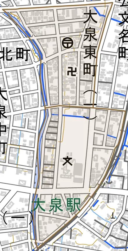 大泉東町とその周辺の地図。町の範囲を重ねている