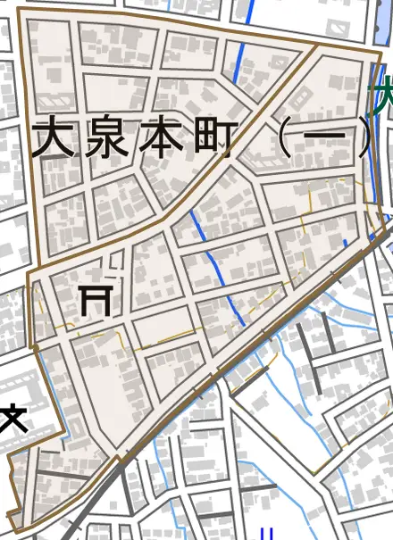 大泉本町とその周辺の地図。町の範囲を重ねている