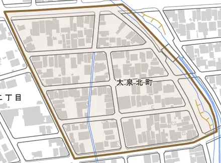 大泉北町とその周辺の地図。町の範囲を重ねている