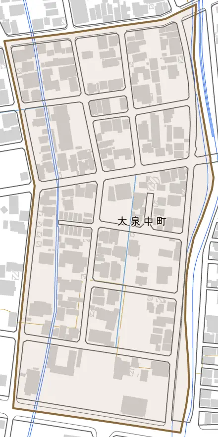 大泉中町とその周辺の地図。町の範囲を重ねている
