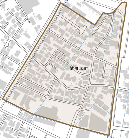 奥田本町とその周辺の地図。町の範囲を重ねている