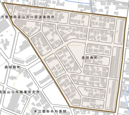 奥田寿町とその周辺の地図。町の範囲を重ねている