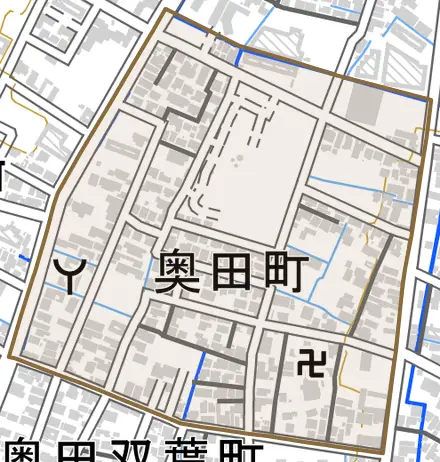 奥田町とその周辺の地図。町の範囲を重ねている