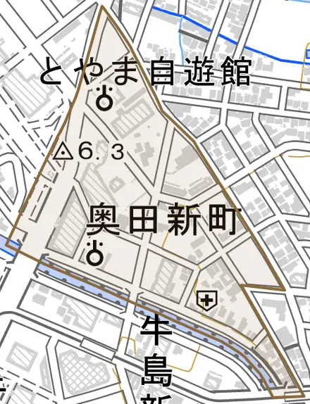 奥田新町とその周辺の地図。町の範囲を重ねている