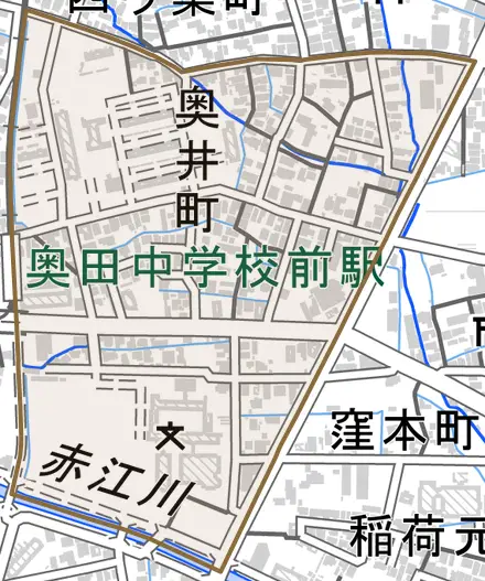 奥井町とその周辺の地図。町の範囲を重ねている