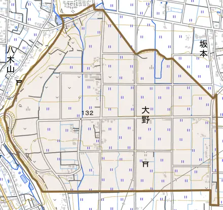大野とその周辺の地図。町の範囲を重ねている