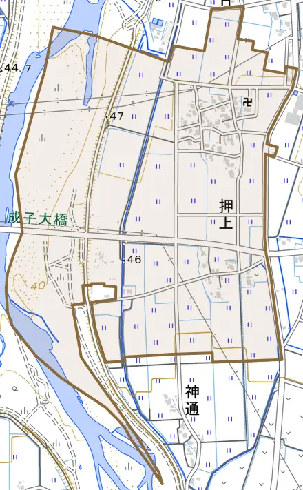押上とその周辺の地図。町の範囲を重ねている