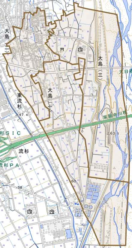 大島とその周辺の地図。町の範囲を重ねている