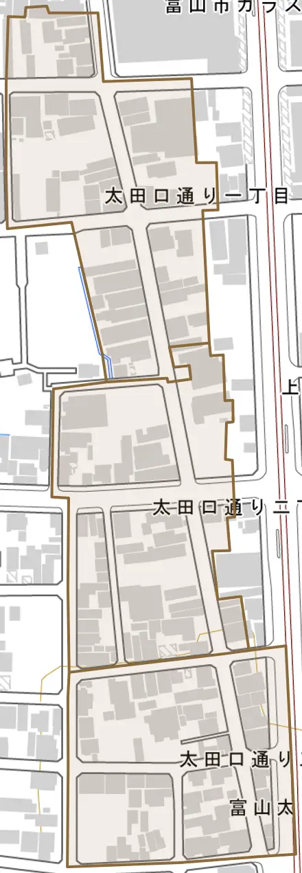 太田口通りとその周辺の地図。町の範囲を重ねている