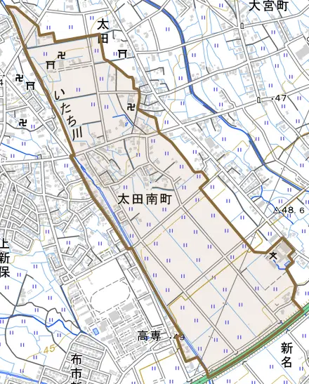 太田南町とその周辺の地図。町の範囲を重ねている