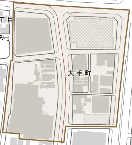 大手町とその周辺の地図。町の範囲を重ねている