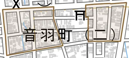 音羽町とその周辺の地図。町の範囲を重ねている