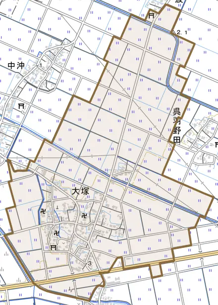 大塚とその周辺の地図。町の範囲を重ねている