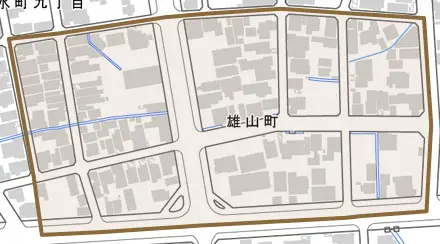 雄山町とその周辺の地図。町の範囲を重ねている