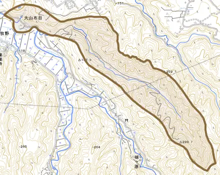 大山布目とその周辺の地図。町の範囲を重ねている