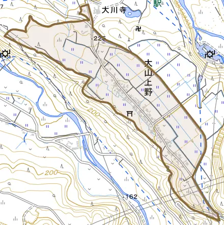 大山上野とその周辺の地図。町の範囲を重ねている