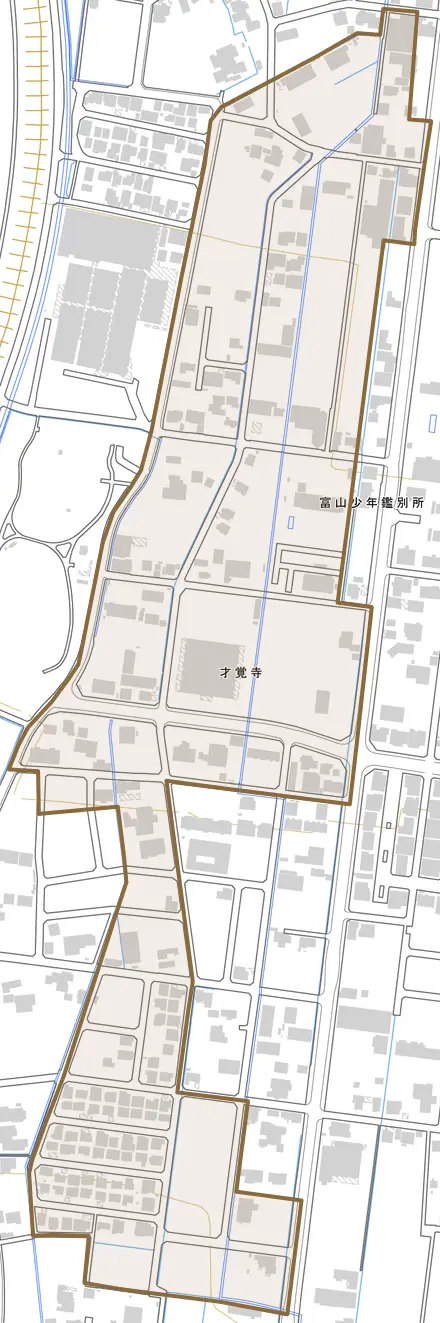 才覚寺とその周辺の地図。町の範囲を重ねている