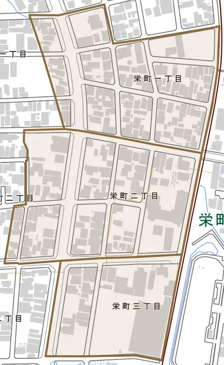 栄町とその周辺の地図。町の範囲を重ねている