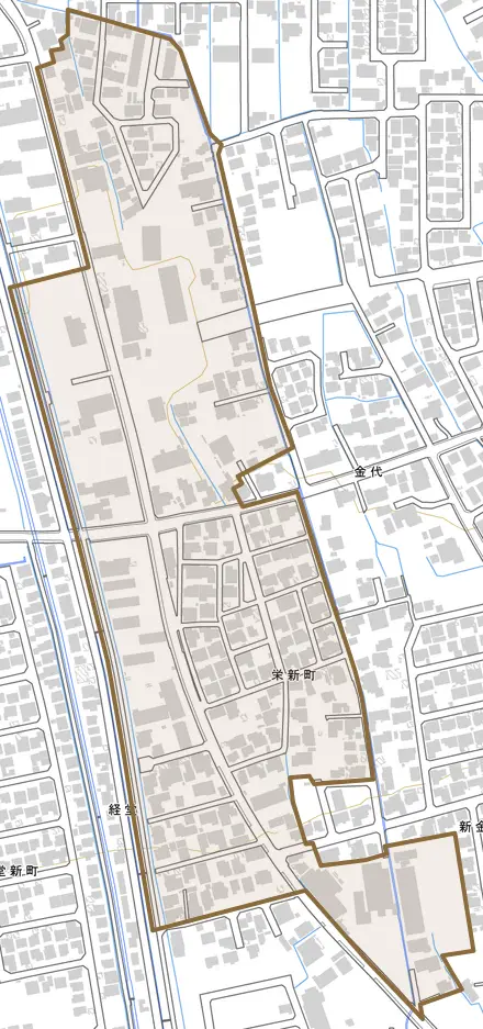 栄新町とその周辺の地図。町の範囲を重ねている
