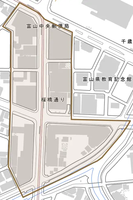 桜橋通りとその周辺の地図。町の範囲を重ねている