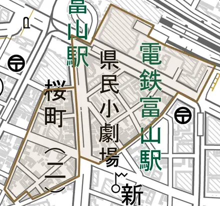 桜町とその周辺の地図。町の範囲を重ねている
