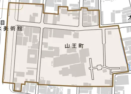 山王町とその周辺の地図。町の範囲を重ねている