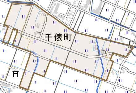 千俵町とその周辺の地図。町の範囲を重ねている