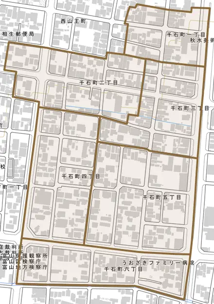 千石町とその周辺の地図。町の範囲を重ねている