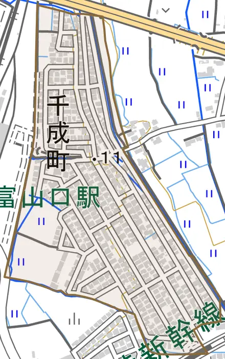 千成町とその周辺の地図。町の範囲を重ねている