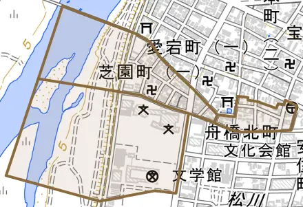 芝園町とその周辺の地図。町の範囲を重ねている
