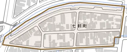 七軒町とその周辺の地図。町の範囲を重ねている