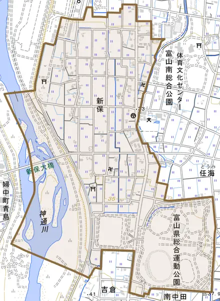 新保とその周辺の地図。町の範囲を重ねている