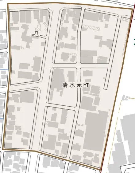 清水元町とその周辺の地図。町の範囲を重ねている
